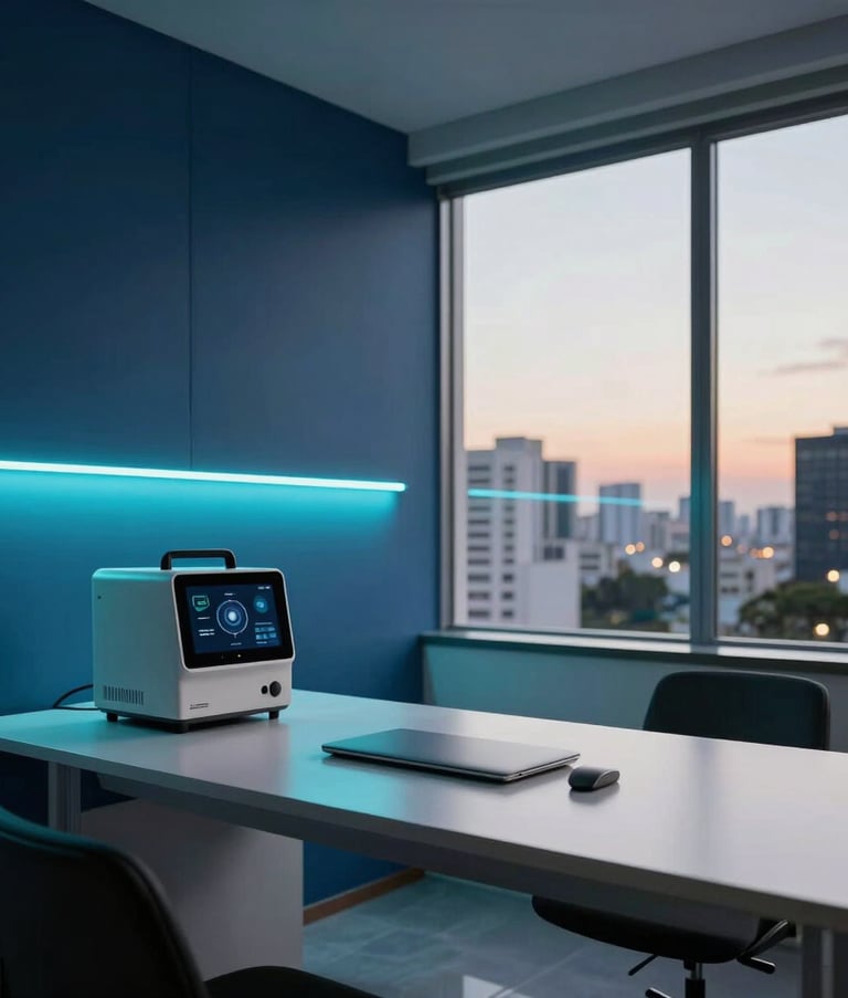A modern, minimalist workspace in Brazil, featuring clean lines and high-tech equipment. A glowing electric cyan light strip runs along a dark blue wall. A large window overlooks a blurred cityscape of São Paulo at dusk. Sophisticated and tech-forward mood, professional photography.