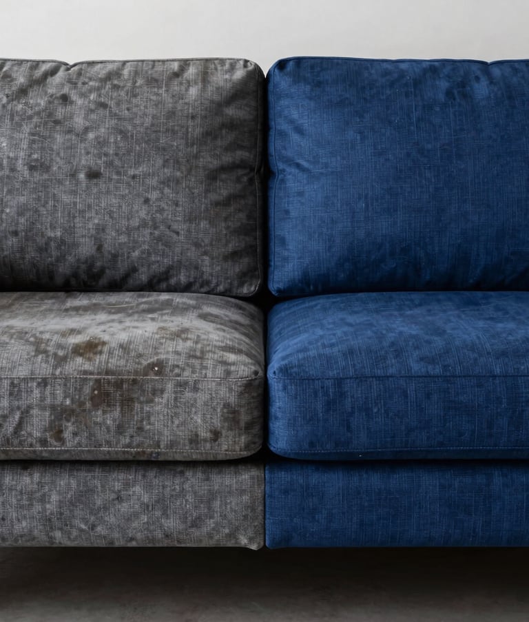 A comparative photo of a fabric sofa in a modern Brazilian living room. One side of the sofa is visibly stained and darkened by dirt, while the other half is vibrant navy blue, perfectly clean and looking brand new. No people or equipment present.