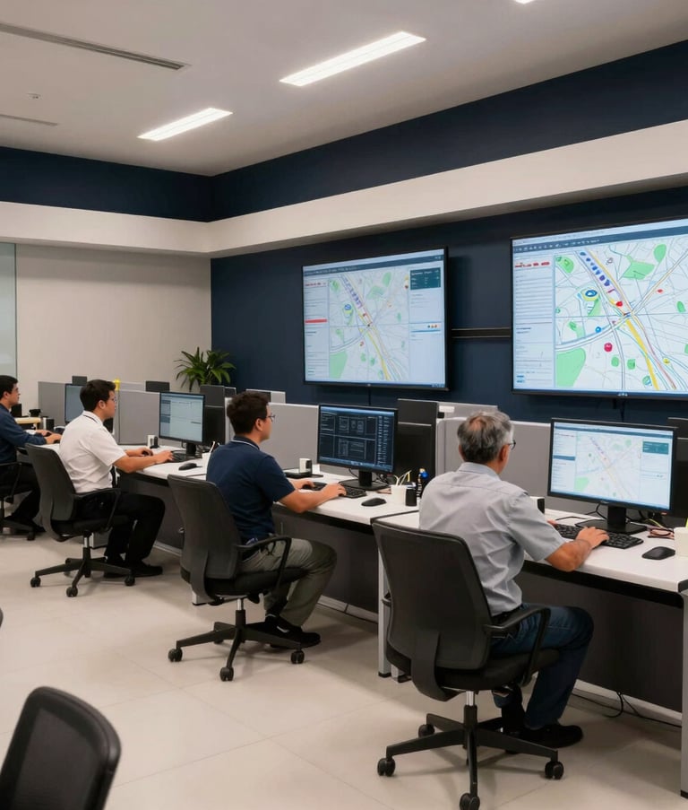 A modern logistics monitoring center in Brazil with professionals working at sleek stations. Large screens show mapping data. The lighting is professional and soft, with accents of dark navy and off-white in the interior design.