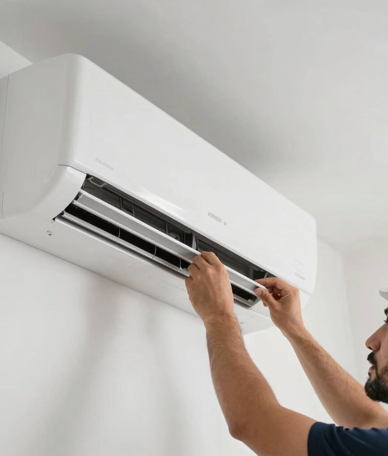 Close-up of a high-end wall-mounted air conditioning unit being expertly serviced by a professional in a bright, modern Middle Eastern apartment in Dubai Silicon Oasis. Clean and focused lighting.