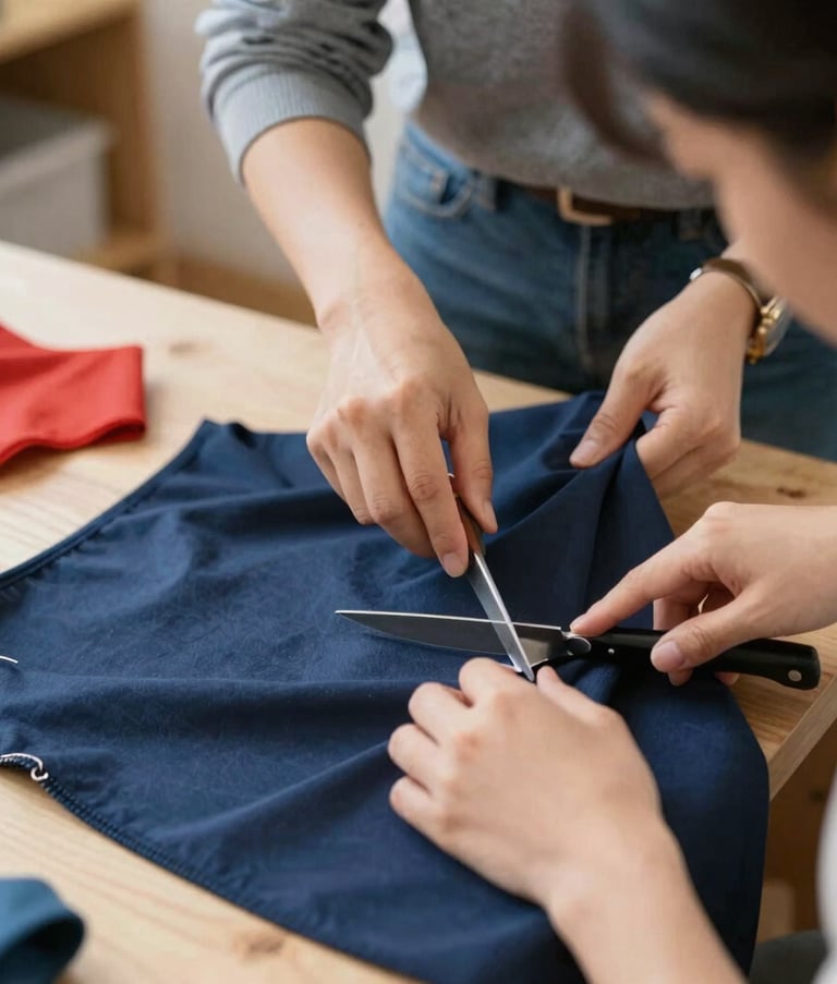 Dos diseñadores de moda utilizan tijeras de tela para cortar cuidadosamente.