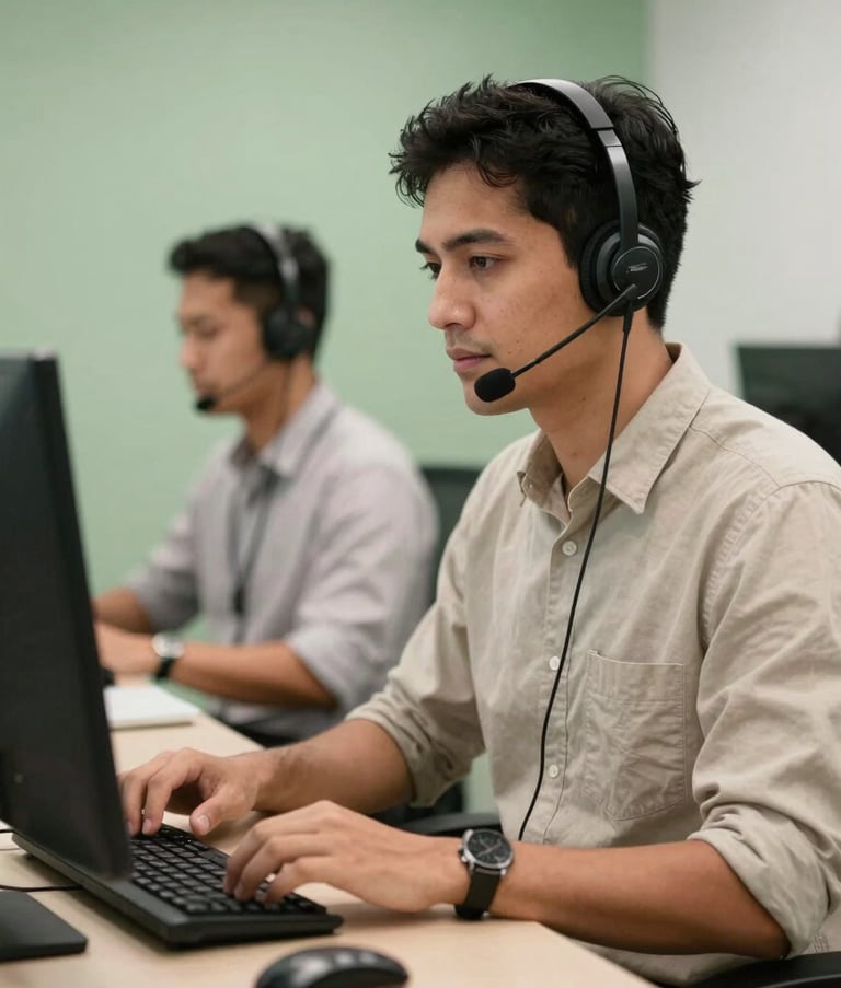 A professional South American / Brazilian tele-service environment, showing a focused worker with a headset in a modern office with light green and beige tones, conveying efficiency.