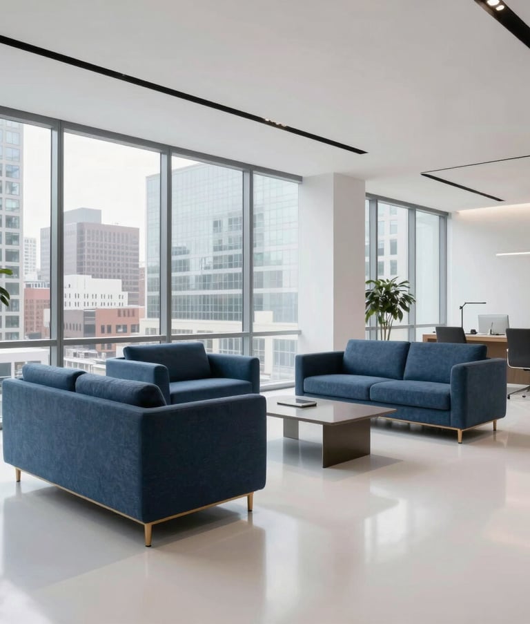 A wide-angle professional photograph of a minimalist, high-end consulting office in a North American city. The space features large windows, slate blue accent furniture, and a clean white floor, reflecting an atmosphere of trust and innovation.