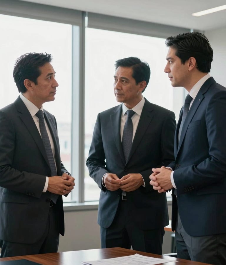 Two professional male consultants in business attire, North American / Mexican, standing in a bright, modern boardroom in Mexico City. They are discussing a project near a large window. Sharp focus, professional lighting, corporate atmosphere.
