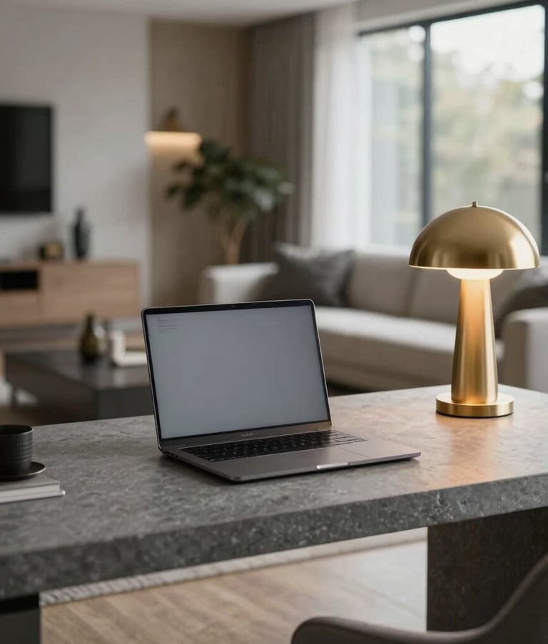 A high-end home office in a North American residence featuring a slate grey minimalist desk, a premium laptop, and a soft gold-toned designer lamp. The background is a soft bokeh of a modern living space, conveying a professional and sophisticated lifestyle.