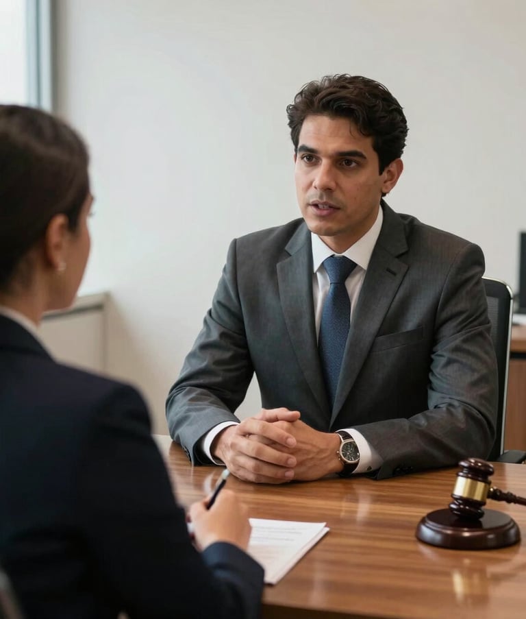 A medium shot of a professional legal consultation in a modern Brazilian office. A lawyer in a professional suit is talking to a client across a wooden desk. Composition focuses on trust and communication. Lighting is clear and bright. Sul-americano / Brasileiro environment.