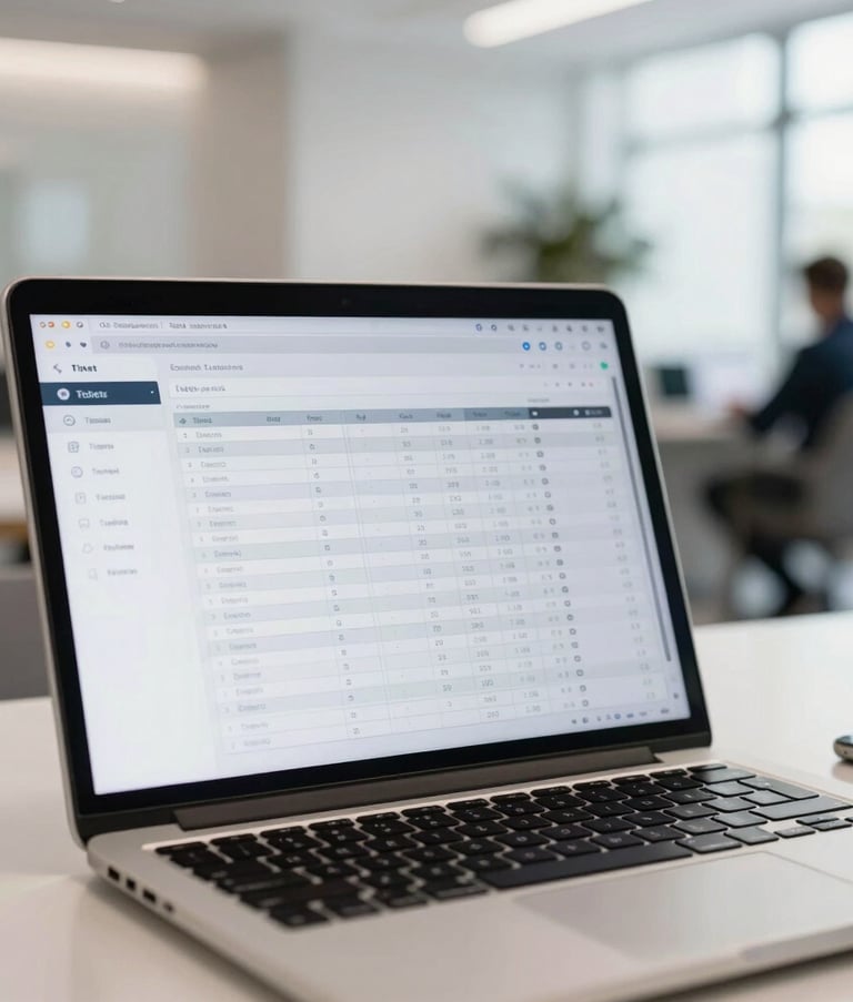Close-up of a high-end laptop screen displaying a modern, intuitive dashboard interface for ticket tracking, set in a bright, minimalist French business lounge, soft focus background.