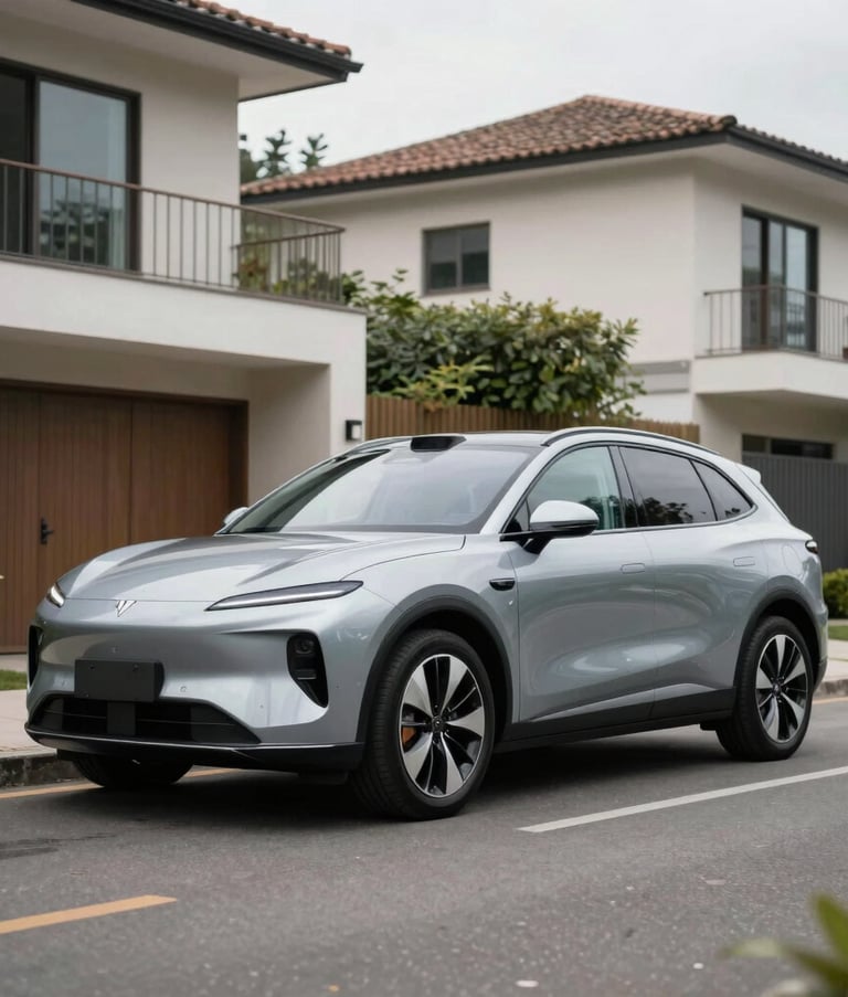 A sleek new electric SUV parked in a modern residential area in Medellin, clean composition, soft daylight, professional photography emphasizing sustainable luxury and trust.