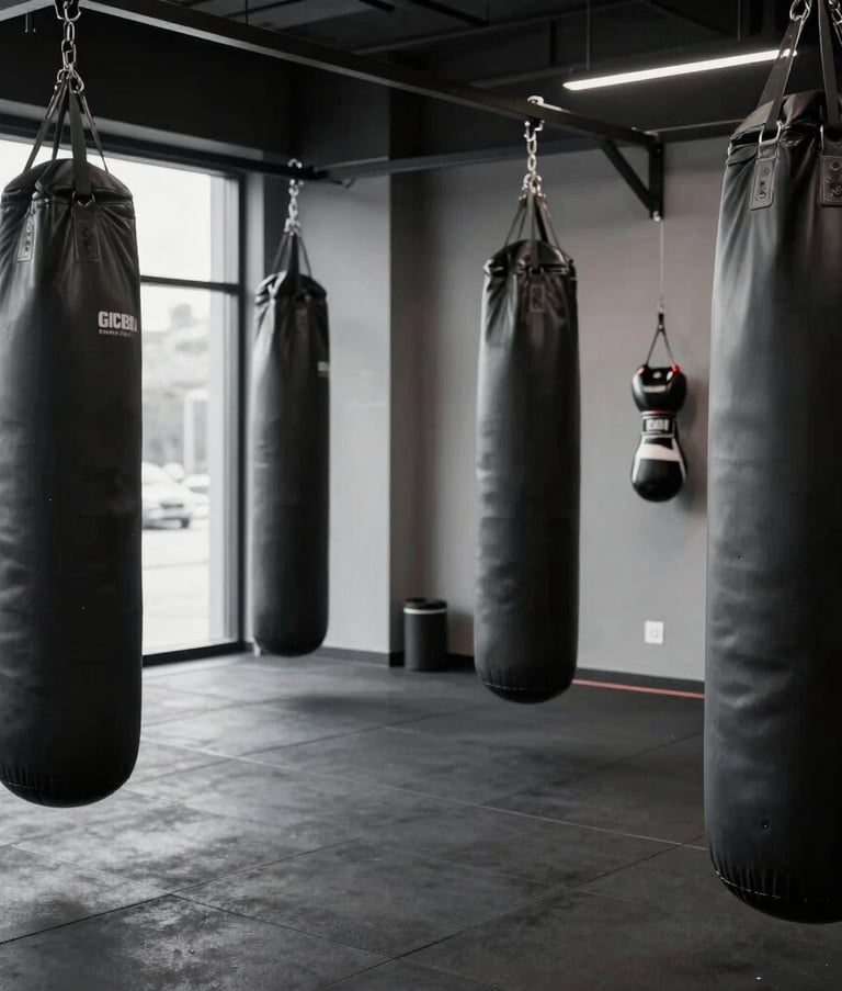 Interior of a modern, high-end boxing and conditioning gym with heavy bags and professional gear. Focus on the clean, masculine aesthetic of the space. Deep Black and Slate Gray color palette. Global / Performance Athletics.