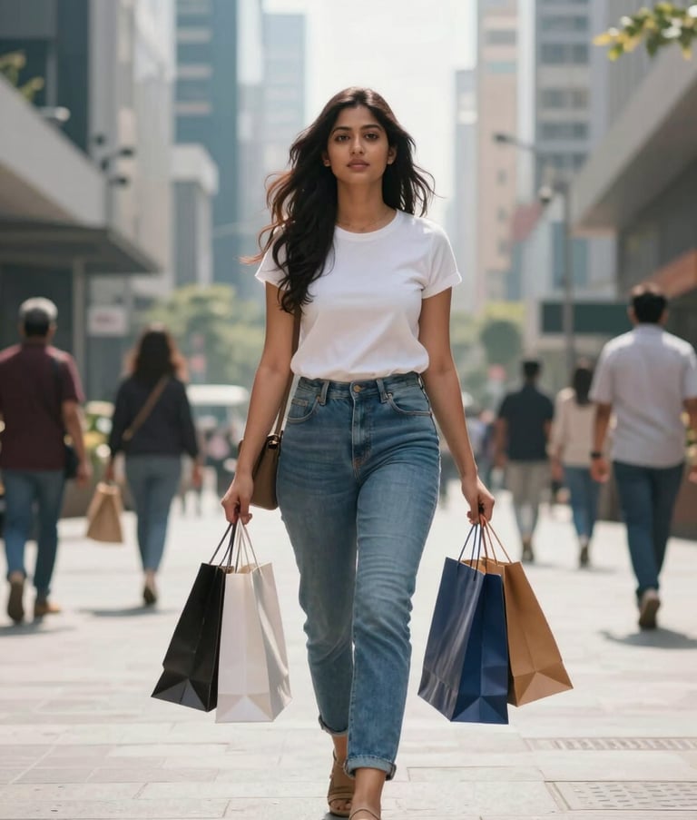 A vibrant street scene in a modern Indian business district, featuring a young South Asian woman walking with shopping bags, bright sunlight, cinematic depth of field, colors including blue and white.