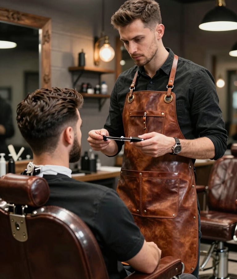 A professional barber wearing a custom leather apron consulting with a client in a vintage leather chair. The scene is set in a sophisticated Tulcea shop with industrial design elements and warm, atmospheric lighting. European / Romanian masculine aesthetic.