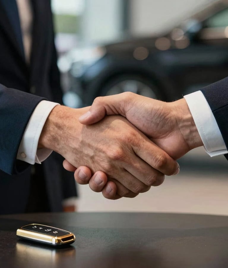 A close-up photograph of a professional handshake between two people in a luxury North American car dealership setting, with a glimpse of a gold-trimmed car key on a dark table. High-contrast, premium lighting.