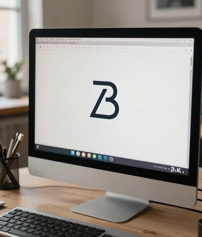 Close-up of a high-end design studio desk in Italy, featuring a professional computer monitor displaying a sleek, minimalist logo design in progress. Soft natural light, high-quality textures, and a professional workspace layout for a European / Italian Chinese brand.