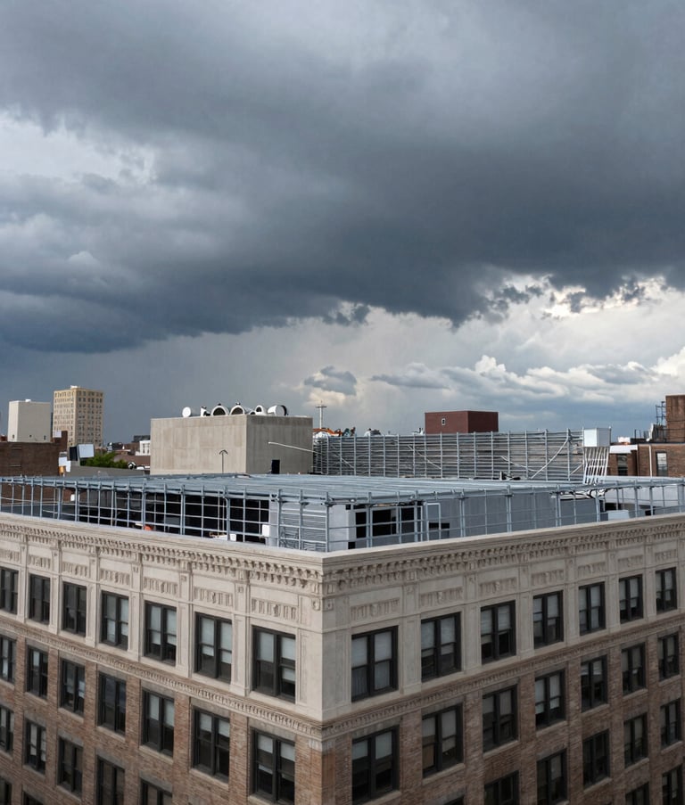 A wide-angle, dramatic photograph of a newly reinforced roof on a New York City building under a moody, storm-gray sky. The architecture reflects the North American urban landscape, emphasizing strength and structural integrity.