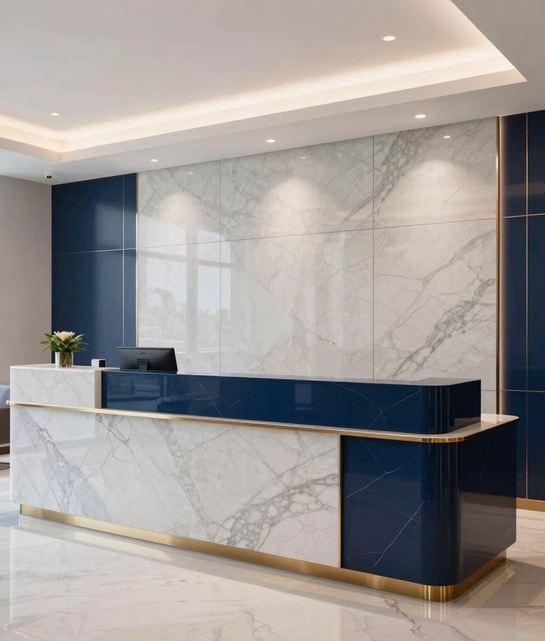 A professional photography shot of a sleek marble and dark blue reception area of a high-end real estate office in the Middle Eastern / Gulf region. The lighting is bright and airy, emphasizing clean lines and a premium corporate aesthetic.
