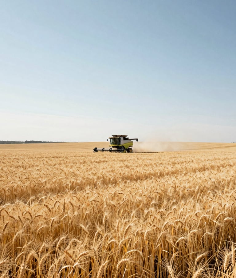 Wide-angle landscape of a vast wheat field under a bright, clear sky during harvest time, a combine harvester in the distance, North American / Southwestern US geography.