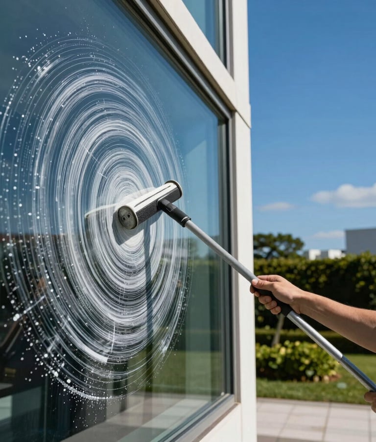 Nahaufnahme einer professionellen Fensterreinigung an einem modernen Gebäude in Deutschland. Ein Abzieher hinterlässt eine streifenfreie, glänzende Glasscheibe. Im Hintergrund ist ein gepflegter Garten unter blauem Himmel zu sehen. Die Farben betonen Deep Blue und Off-White.