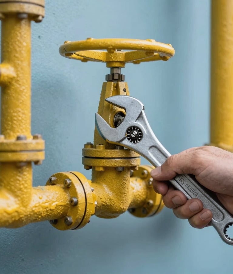 Macro photography of a professional hand using a wrench on a yellow gas pipe valve. The background is a clean, modern South American residential utility area. Sharp focus on the tools, professional lighting with shades of medium blue.