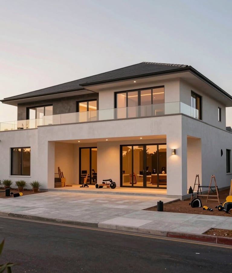 A wide-angle architectural shot of a luxury South African home under renovation, sunset lighting, professional photography, clean lines, construction tools visible.