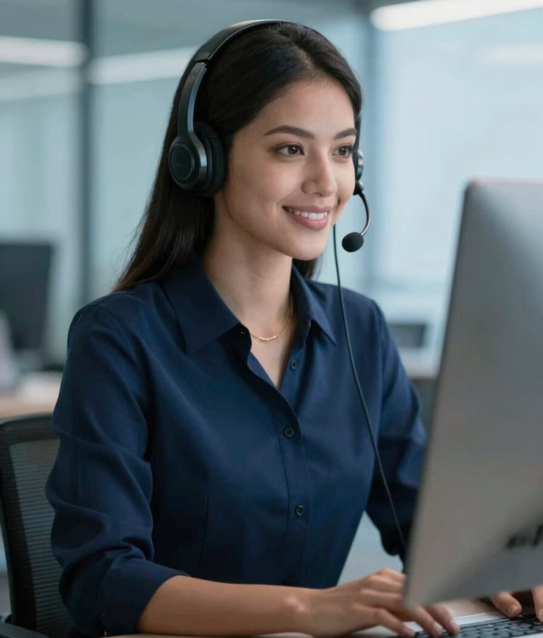 A professional South American / Brazilian attendant in a modern office wearing a sleek headset, looking at a computer screen with a friendly and confident expression, deep blue and soft light blue color palette.