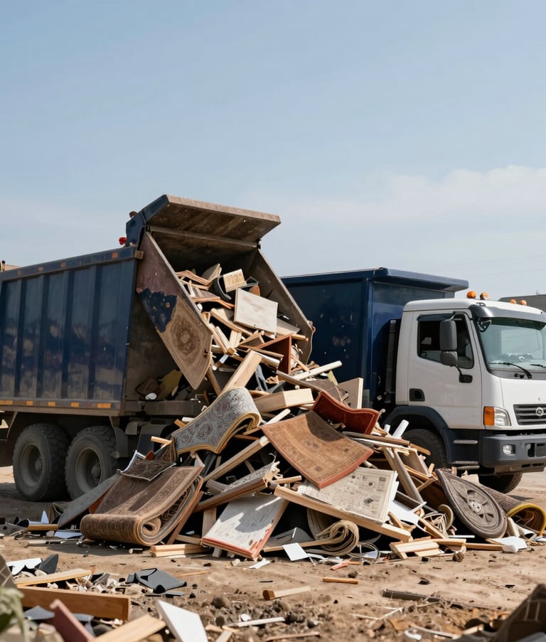 A wide-angle shot of a large pile of construction debris, including old carpet and wood, being efficiently loaded into a professional dark blue dump truck in a North American residential development. Clear daylight, sharp focus on the organized work site.