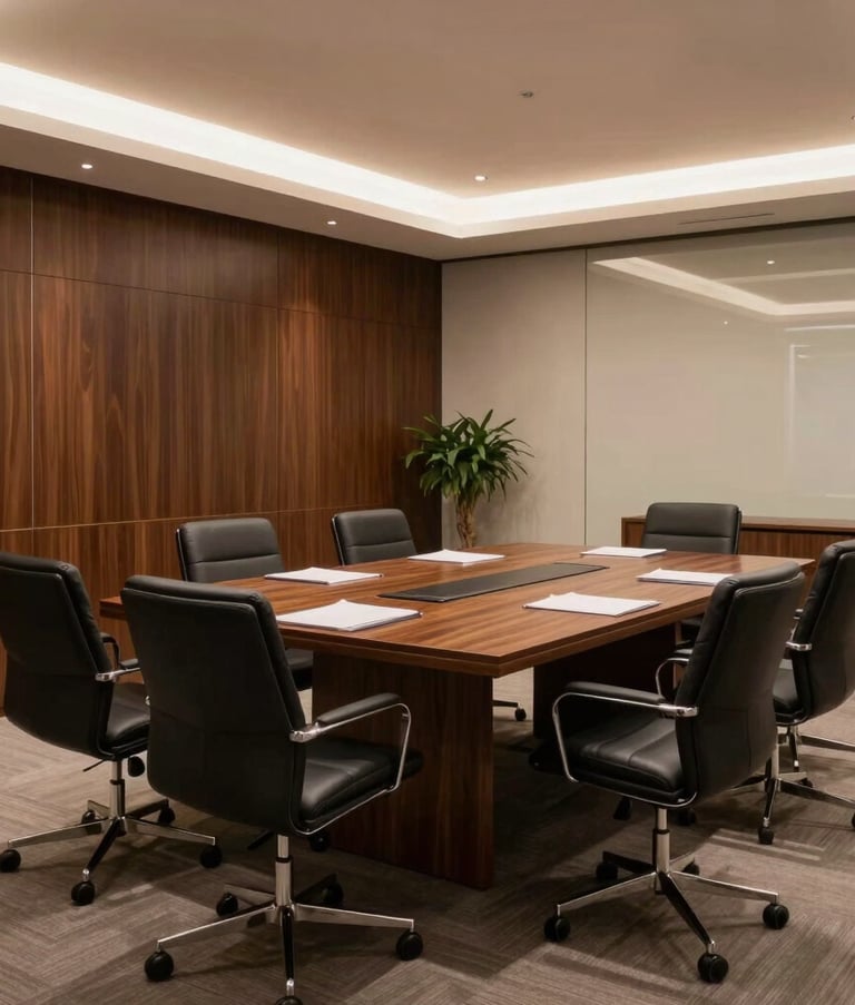 Modern and sophisticated corporate office boardroom in Porto Alegre, Brazil. Clean lines, dark brown wood furniture, warm lighting, professional and authoritative atmosphere for high-level business decisions.