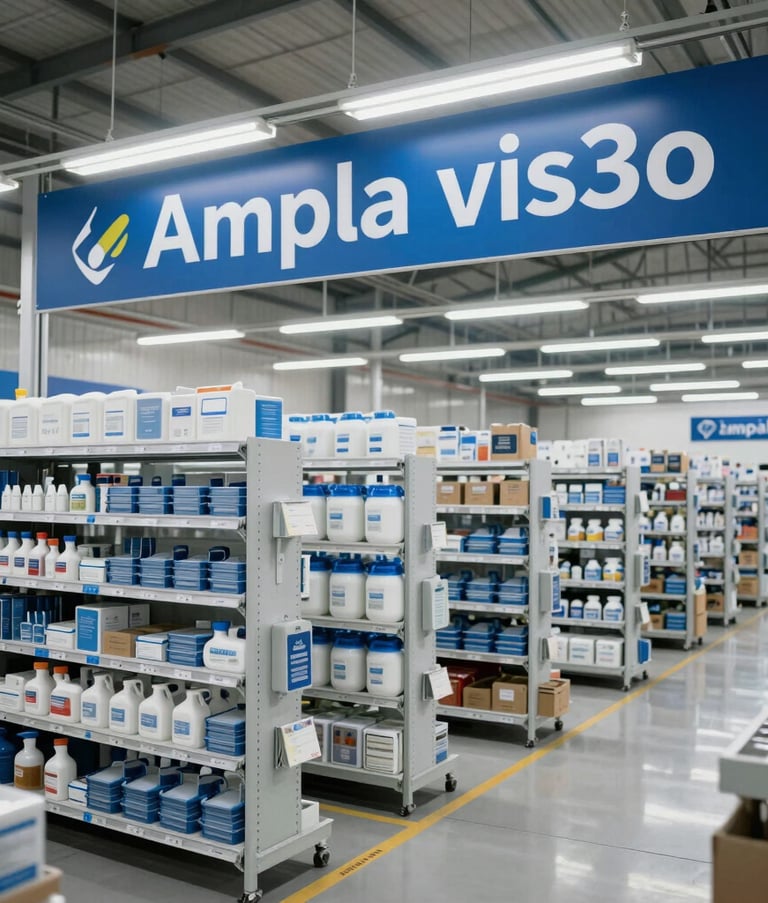 Ampla vis3o de um moderno centro de distribui13o brasileiro com prateleiras organizadas e ilumina13o profissional em tons de azul ard3sia e branco, destacando a efici3ncia e escala da opera13o atacadista.