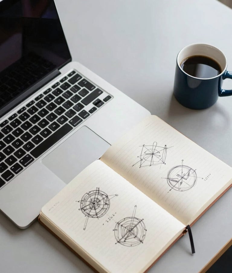 Top-down view of a designer's creative workspace in a North American studio, featuring a modern laptop, a clean paper notebook with wireframe sketches, and a dark blue coffee mug on a light gray surface.