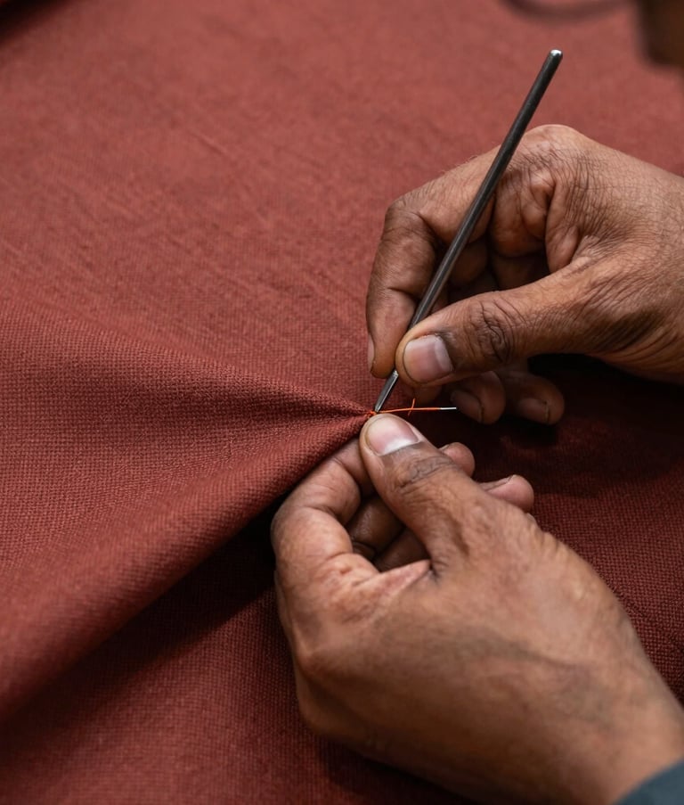 A detailed close-up of a skilled South Asian artisan's hands meticulously stitching heavy-duty upholstery fabric in a muted red-brown color. The lighting is focused and professional, highlighting the texture of the material and the precision of the work.