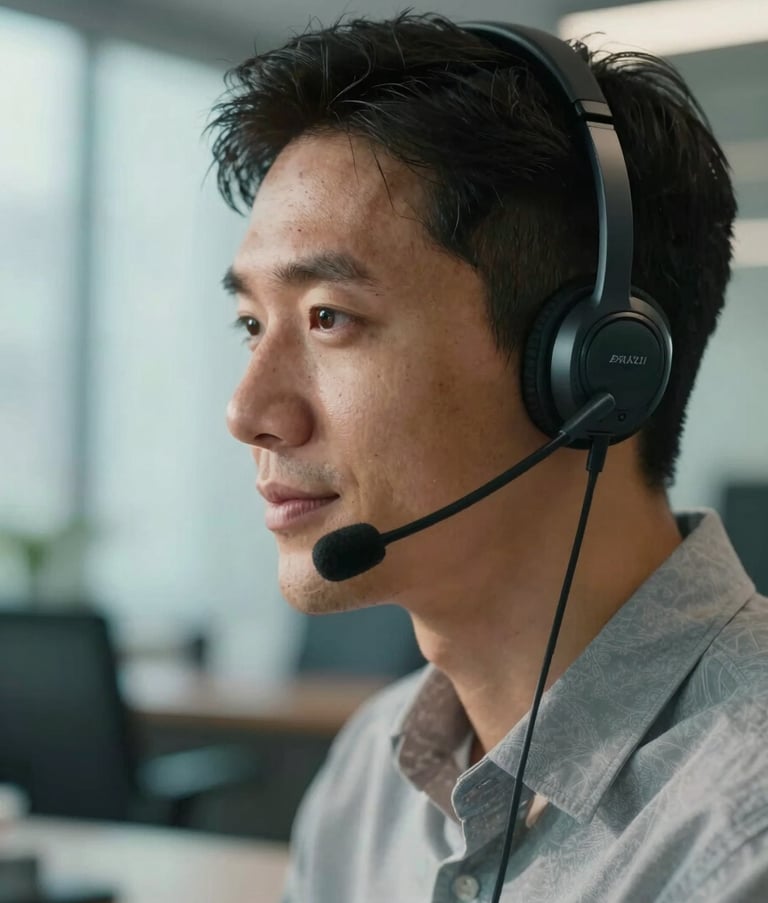 A close-up of a friendly South American professional wearing a high-quality wireless headset in a modern, sunlit office in Brazil. The atmosphere is professional and calm, with soft cyan and muted blue tones in the background bokeh.