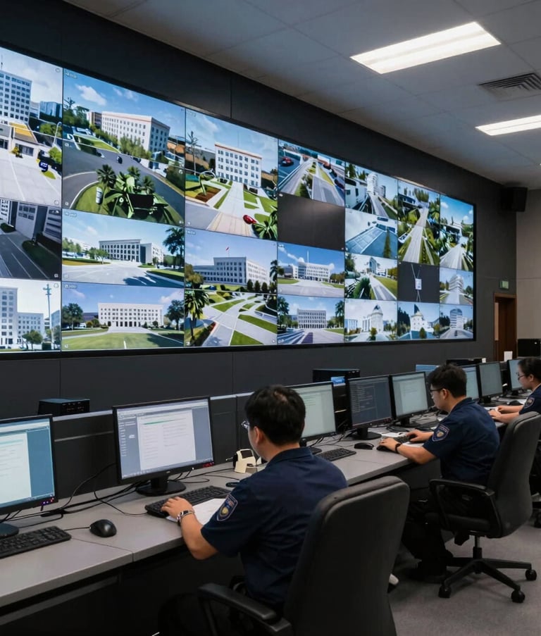 A wide-angle professional photograph of a modern security command center in the US. Large flat-screen monitors on a dark wall display various high-definition camera feeds of a corporate campus. The atmosphere is professional and secure.