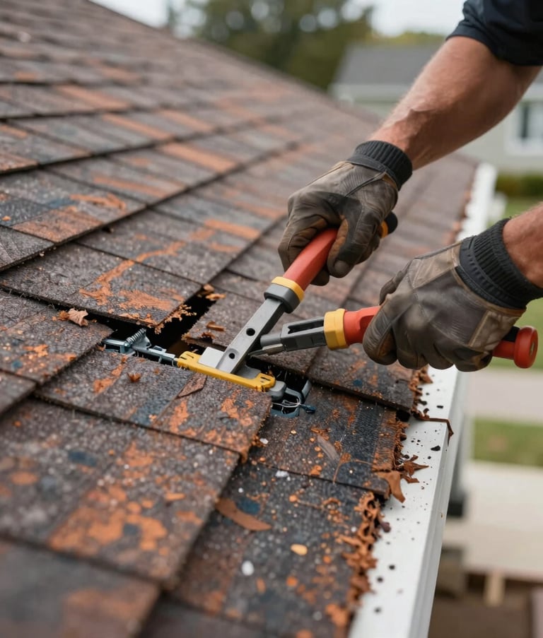A close-up of a damaged residential shingle roof being professionally repaired by a worker using modern tools, North American / US architecture, professional lighting, emphasis on craftsmanship and urgent repair.