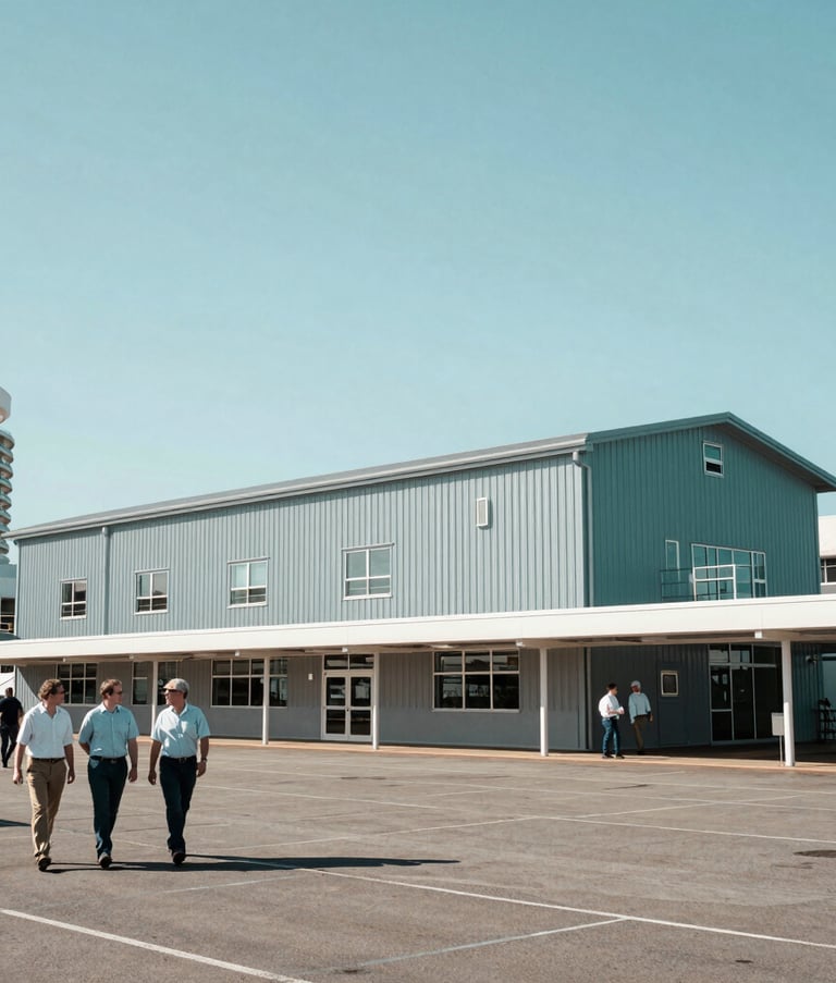 An wide-angle architectural shot of a modern marine research facility in Australia, blended with European-style urban design. The scene features researchers walking in conversation under a bright, clear sky, captured in a clean, professional photography style using a palette of teal and light blue.