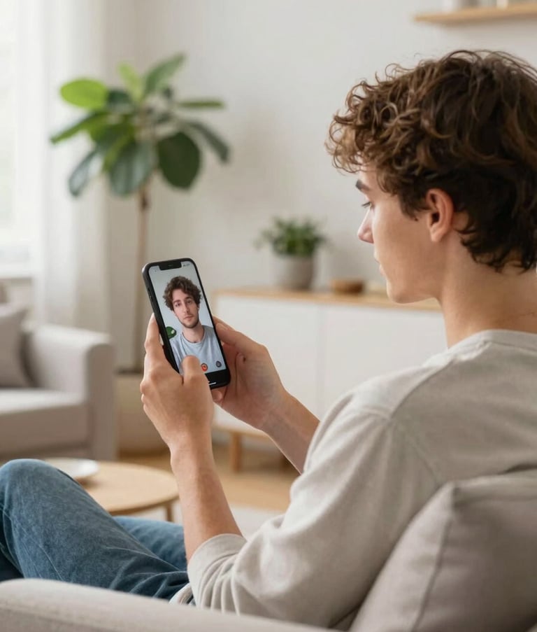 A young adult in a sunlit, modern living room in Germany, comfortably using a smartphone for a video consultation. The scene is bright and airy with soft green plants, conveying a sense of relief and convenience in a home setting.