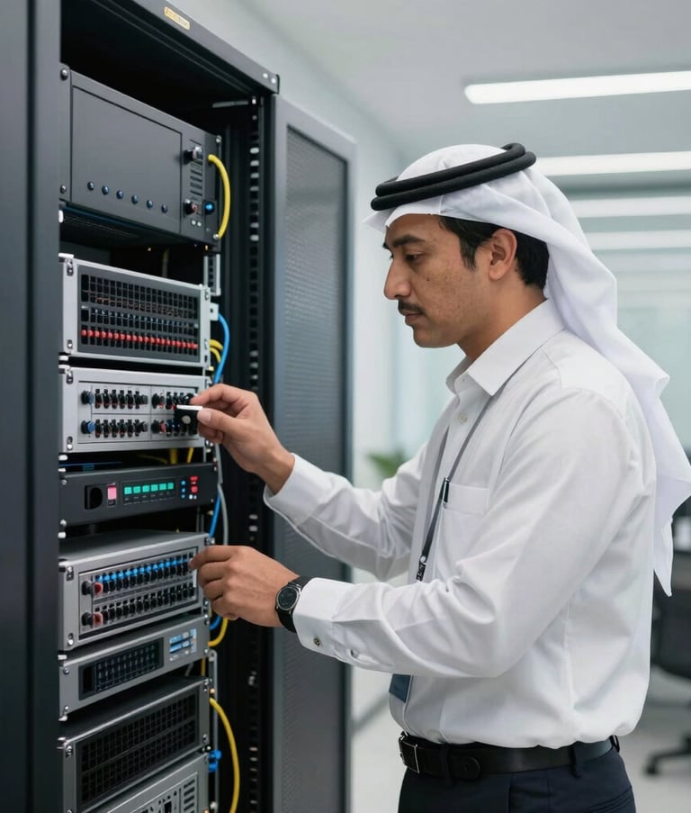 A professional engineer in a sharp uniform inspecting a complex network infrastructure rack within a modern corporate office in the Middle Eastern / Gulf region. The lighting is clean and bright, emphasizing a high-tech and reliable atmosphere.