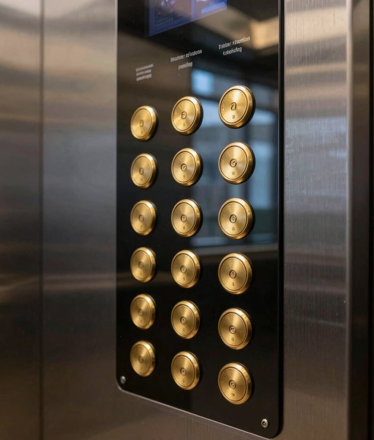 A sophisticated close-up of a premium elevator control panel with gold-finished buttons and a sleek black metallic surface, reflecting the interior of a luxury corporate lobby in a major Indian city.
