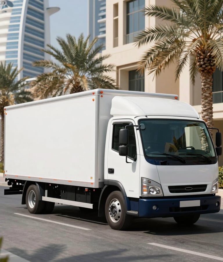 A sleek white and navy blue moving truck parked in a luxury Dubai street with contemporary Middle Eastern / Gulf architecture and palm trees. The bright sun casts crisp shadows on the clean pavement.