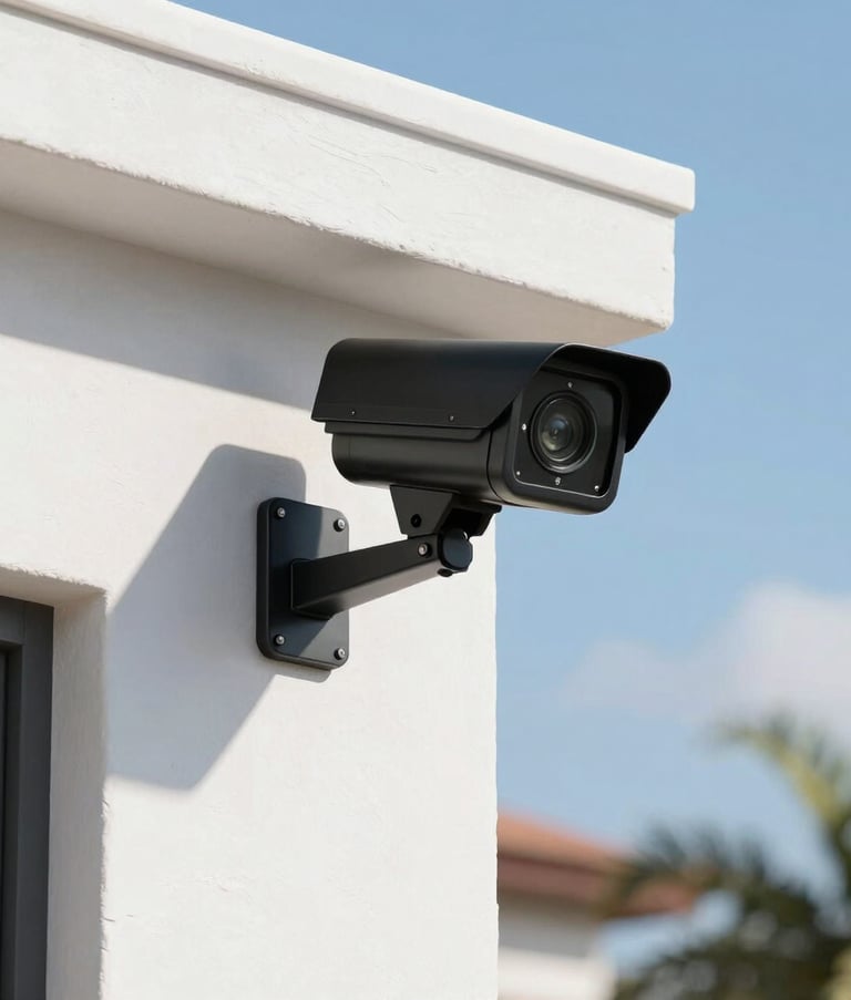A sleek, modern black security camera mounted on the white stucco exterior of a high-end Mexican residence, bright daylight, clear blue sky background, professional and reliable aesthetic.