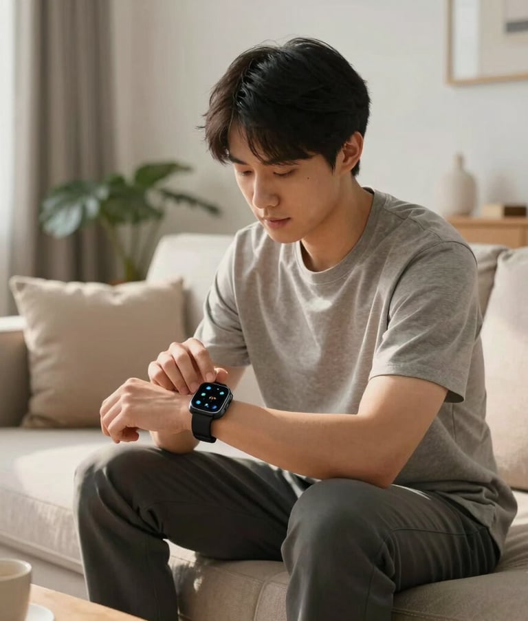 A photography of a person in a bright, modern North American living room, sitting on a contemporary sofa and looking at a sleek wearable device on their wrist. Warm, natural light fills the room, creating an empathetic and calm mood of personal empowerment and health awareness.