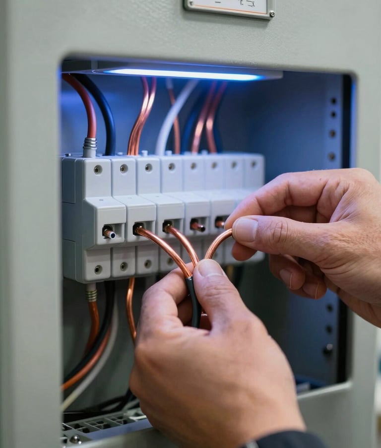 Close-up action photography of copper electrical wiring being expertly organized inside a modern distribution panel. The scene is illuminated by sharp electric blue light, emphasizing precision, technical mastery, and safety-compliant electrical work in a North American setting.