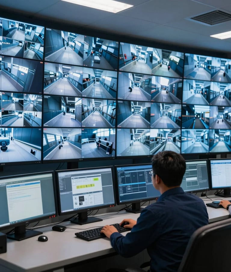 A sophisticated electronic security control room in a South Asian city, featuring a wall of high-resolution monitors displaying surveillance feeds, a professional operator in the foreground, lighting in shades of navy blue and steel blue.