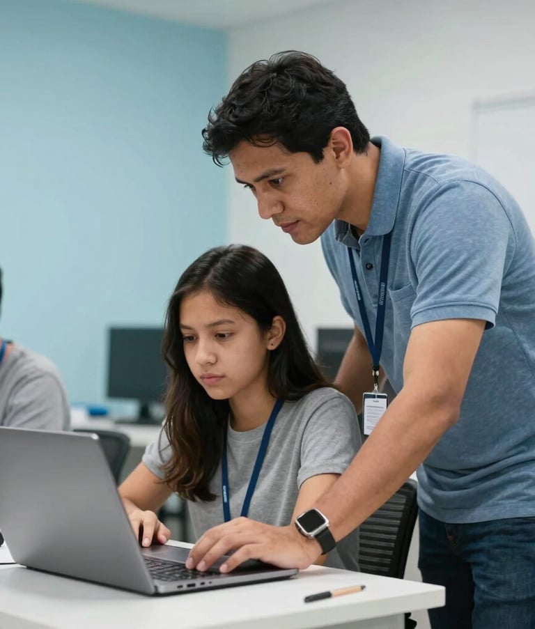 An instructor in a South American / Brazilian IT training center leaning over to help a student with a laptop. Both are engaged in a learning moment, creating an atmosphere of trust and empowerment. The setting is clean with Pale Blue and Light Gray accents. Sharp focus, professional lighting.