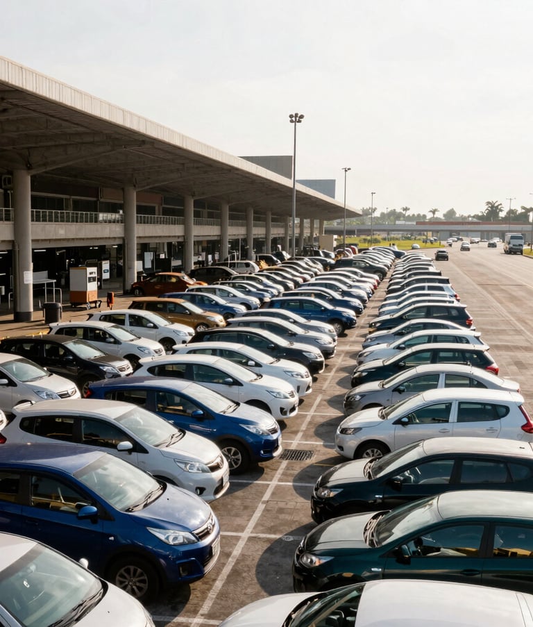 A wide-angle shot of a busy terrestrial transport terminal in Brazil, organized rows of vehicles, bright morning light, professional and efficient atmosphere with blue-grey and teal accents.
