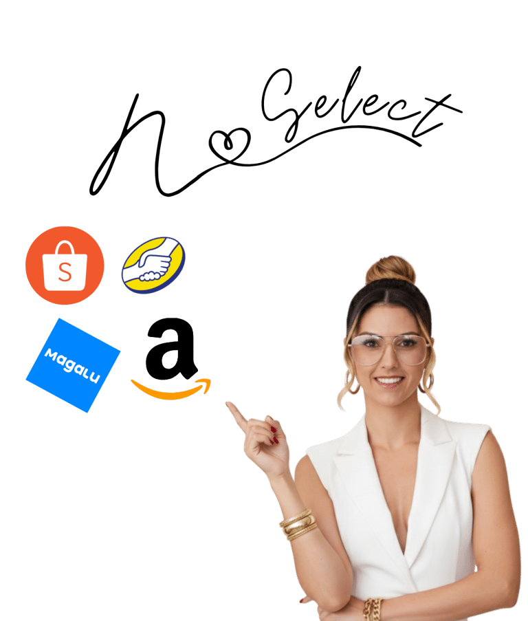 Smiling woman pointing to e-commerce logos including Amazon, Shopee, and Magalu for digital marketing sales.