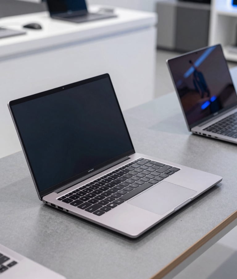A sharp, high-angle photograph of premium refurbished laptops displayed on a slate grey table in a modern tech showroom in India. The setting is clean and professional with bright white studio lighting and a subtle reflection of blue light.