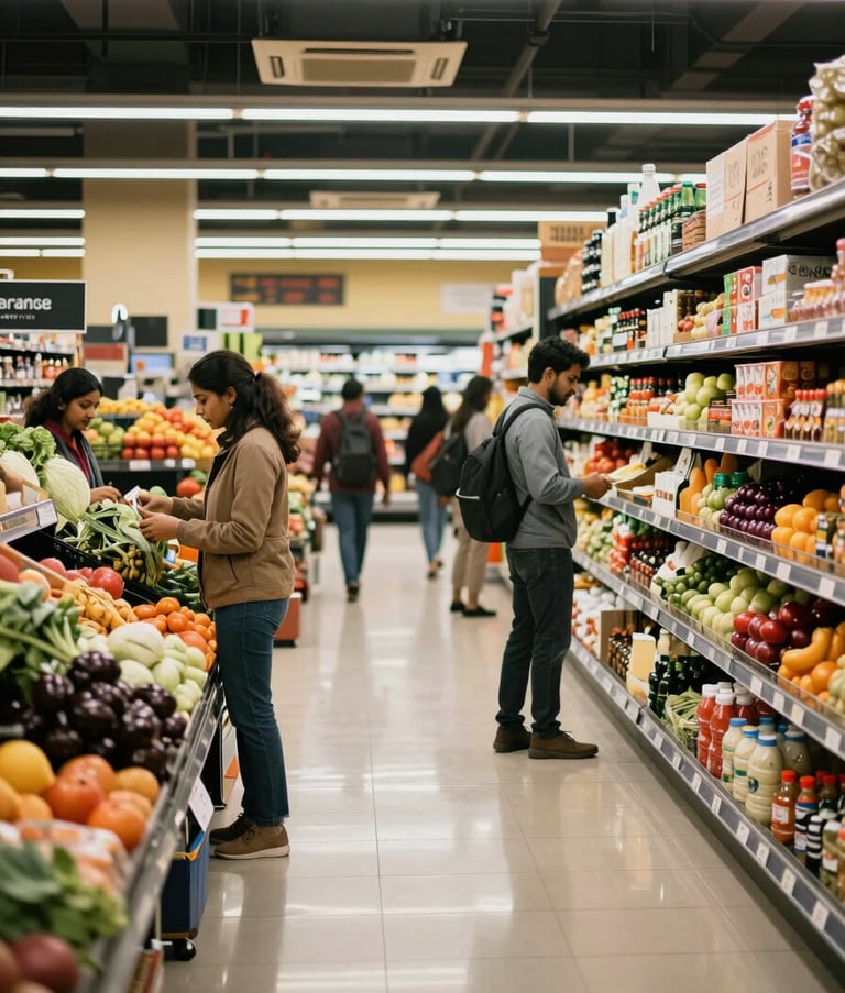A high-end supermarket interior in a South Asian city, polished floors reflecting soft warm lighting, organized aisles with vibrant fresh produce, people in professional attire shopping, clean and efficient atmosphere.