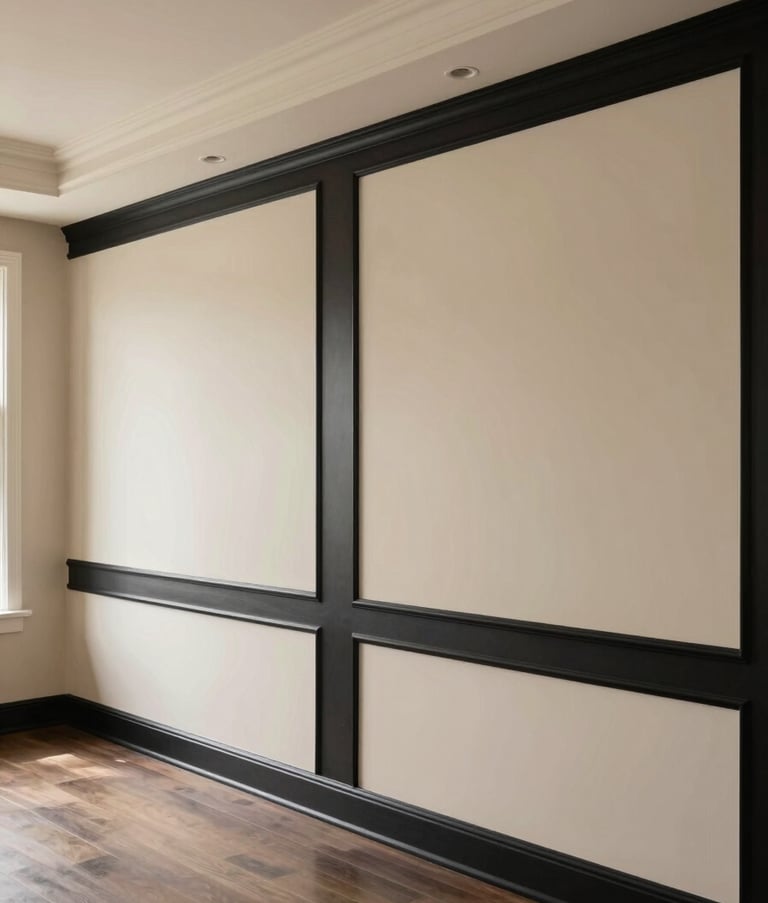 Interior shot of a sophisticated living room in a North American / US house with perfectly painted walls in beige and black accents. The lines between colors are razor-sharp. Soft architectural lighting highlights the smooth, flawless finish of the paintwork.