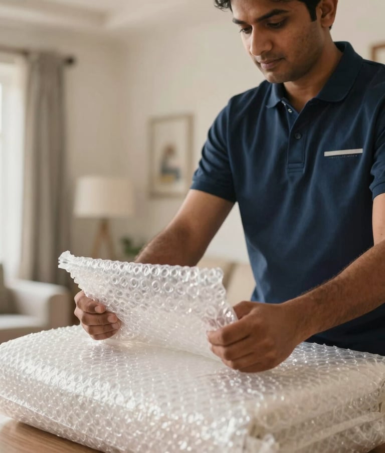 Close-up photography of professional South Asian movers in dark blue shirts using high-quality bubble wrap to pack delicate household items inside a bright, modern Indian home. The lighting is warm and clear, emphasizing care.