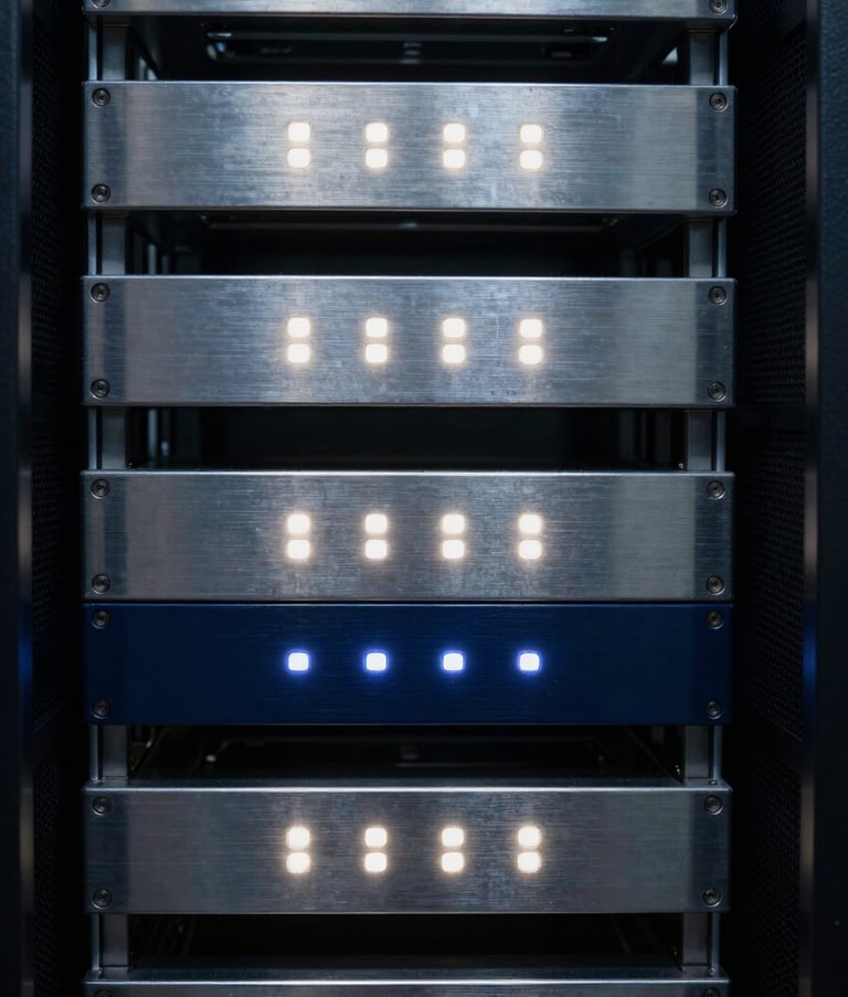 An abstract close-up of a server room with glowing deep navy and soft white LED lights reflecting off brushed metal surfaces. The composition focuses on symmetry and clean lines, symbolizing robust engineering and secure data infrastructure.