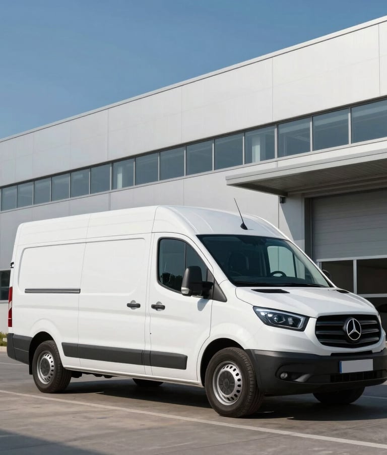 A modern white delivery van parked in front of a contemporary logistics center in a Central European industrial park, clear steel blue sky, sharp architectural details, professional automotive photography.